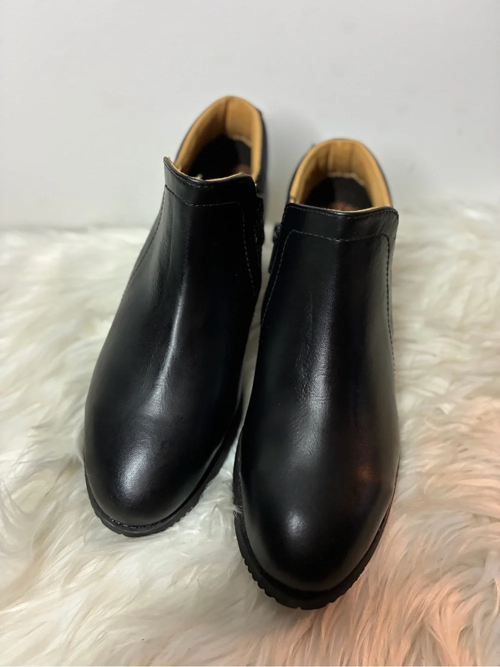 Women's Black Low Heel Ankle Booties - Smooth Leather-Look Slip-On
